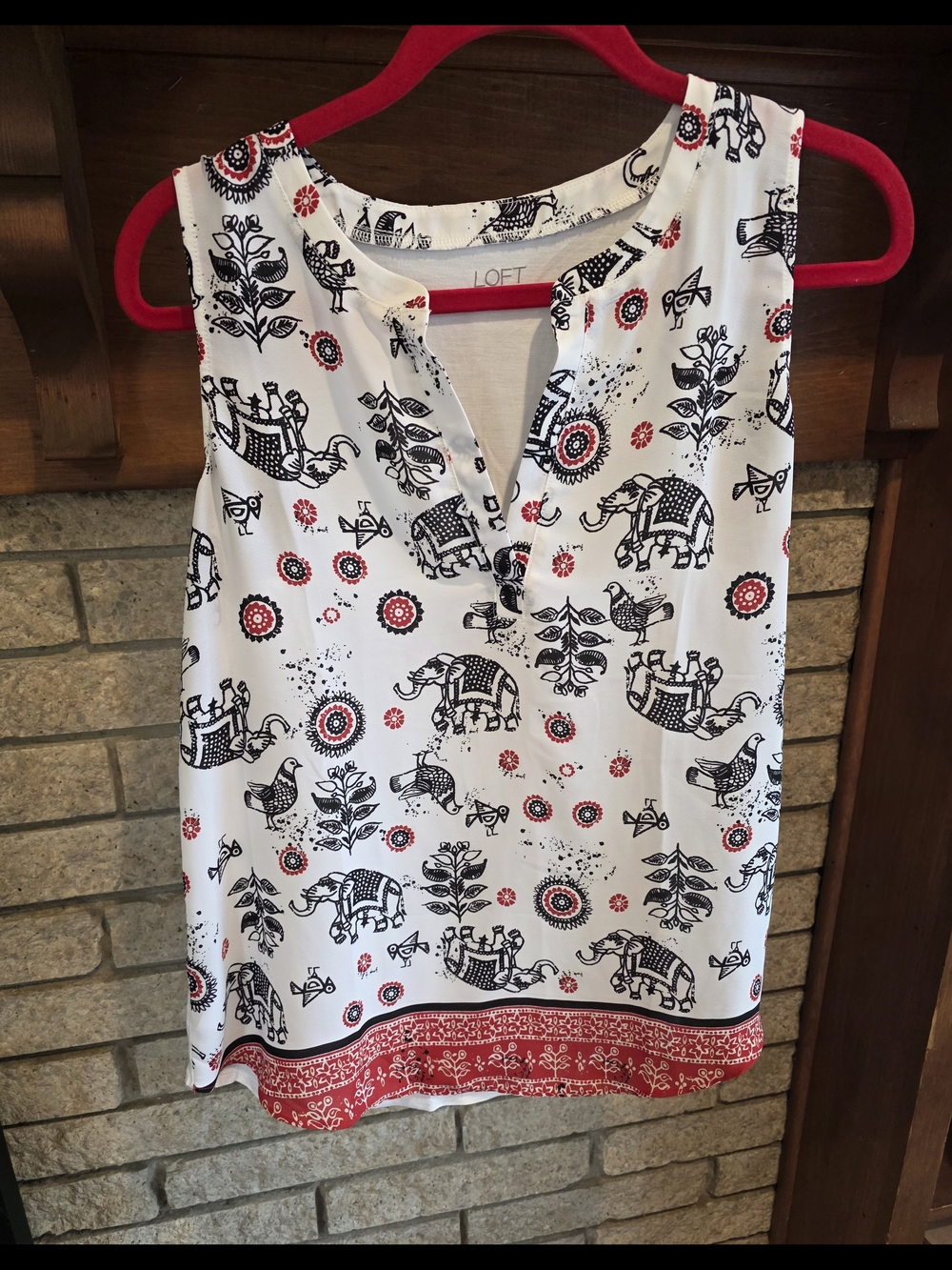 LOFT White Sleeveless Notch-Neck Camisole with Black & Red Elephant Motif Print - Picture 2 of 5